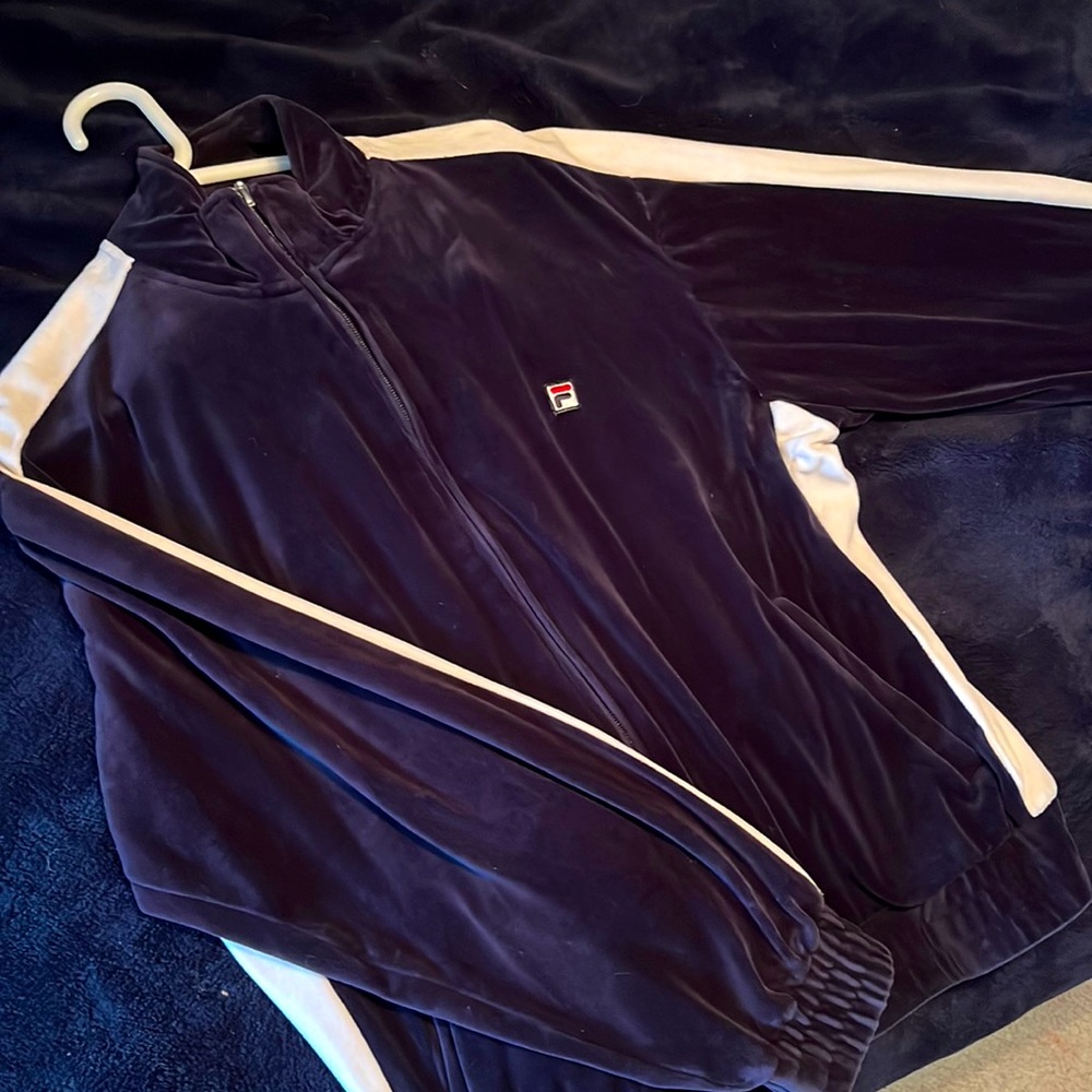 Velour Vintage FILA Track suit— Navy Blue with a White Side Stripe — Both Medium